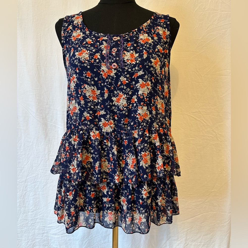 Fun & Flirt Floral Tiered Peplum Tank‎ Top Navy Orange Boho Women’s M